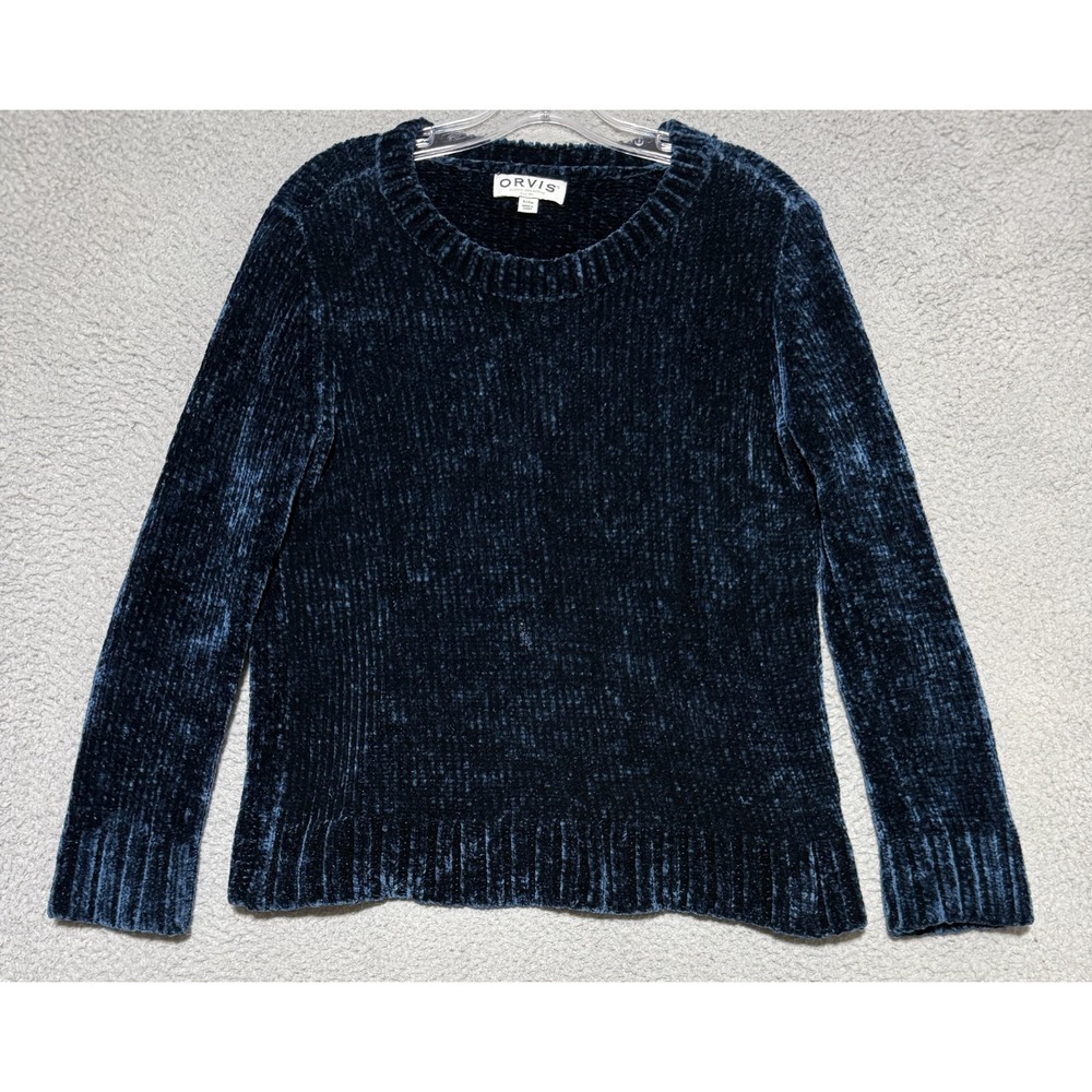 Orvis Womens Chenille Plush Soft Crewneck Sweater Navy Blue Size Small Cozy